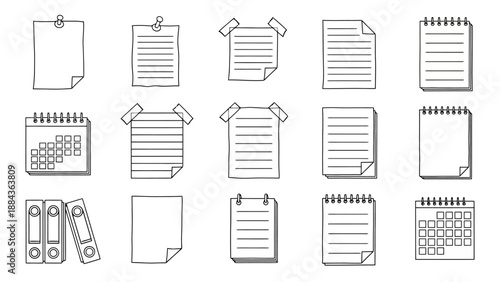 A collection of hand-drawn icons representing various office and stationery supplies, including paper, notepads, calendars, and binders.