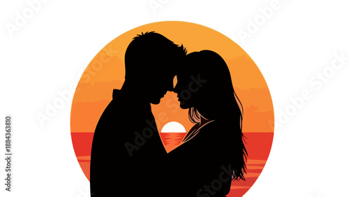 Silhouette of a loving couple embracing against a vibrant sunset, symbolizing romance and togetherness.