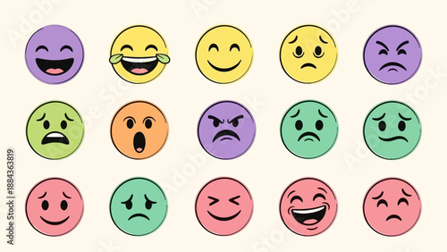 A collection of 15 colorful round emojis displaying a variety of emotions, including joy, sadness, anger, and surprise, set against a light background.