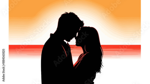 Silhouette of a couple embracing tenderly against a vibrant sunset sky with a red horizon line.