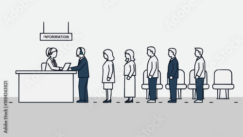 People waiting in line at an information desk illustration.