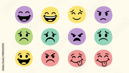 A collection of 12 colorful circular emoji faces displaying a variety of emotions and expressions.