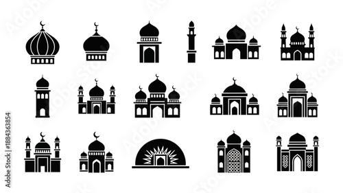 Collection of diverse black silhouette mosque icons and Islamic architectural elements, representing various styles of sacred Muslim places of worship and cultural landmarks
