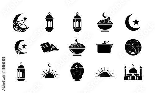 Islamic symbols collection Ramadan moon, lanterns, mosque, Quran, and dates for religious celebrations and cultural events