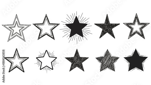 Collection of ten hand-drawn star illustrations in various styles, including outlines, solid fills, and textured effects.