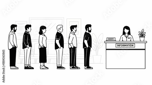 People waiting in line at an information desk.