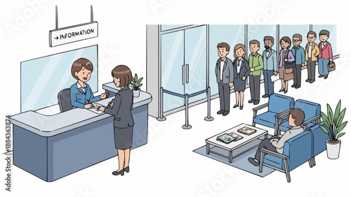 People waiting in line at an information desk in a modern office building.