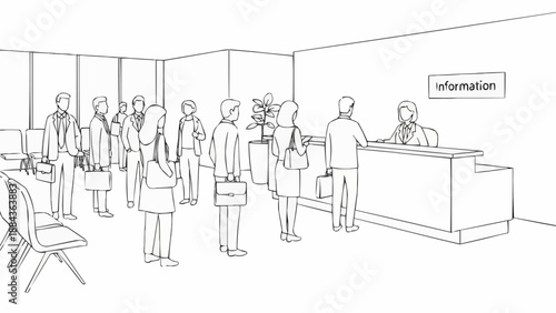 People waiting in line at an office reception desk for information.