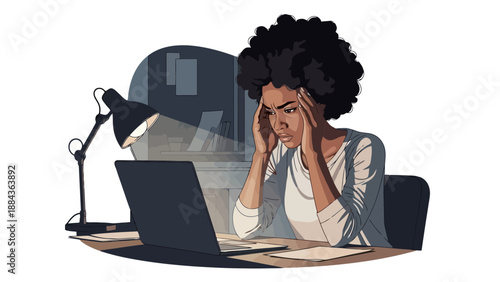 A stressed Black woman with her hands on her temples, working late at a desk with a laptop and lamp.