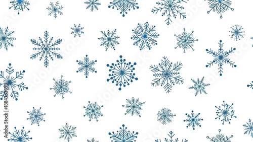 A beautiful and intricate pattern of blue snowflakes scattered across a clean white background, evoking a sense of winter wonder and festive cheer.