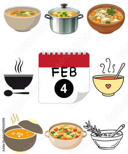 A collection of various steaming bowls of hot soup and cooking pots marking february fourth national soup day on transparent background