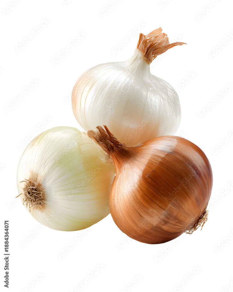 Fototapeta premium Three Fresh Onions, One Brown, Two White, isolated on transparent background