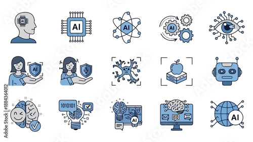 A collection of 15 stylized icons representing various aspects of artificial intelligence and its applications, presented in a blue and grey color scheme.