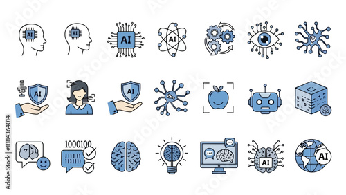 Collection of AI and technology icons representing artificial intelligence, machine learning, data, and digital concepts.