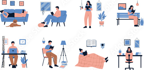 Set of people reading books, working on laptop and relaxing at home in flat vector style