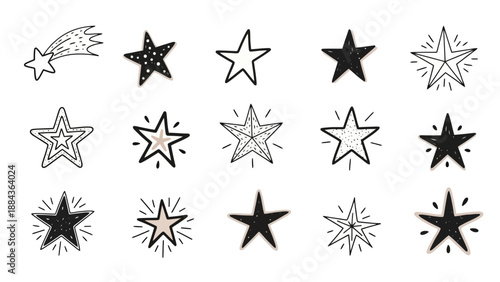 A collection of hand-drawn star illustrations in various styles, including shooting stars, solid stars, and outlined stars with radiating lines.
