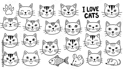 A delightful collection of hand-drawn cat faces, showcasing various expressions and breeds, alongside a paw print, fish, and mouse, perfect for cat lovers.