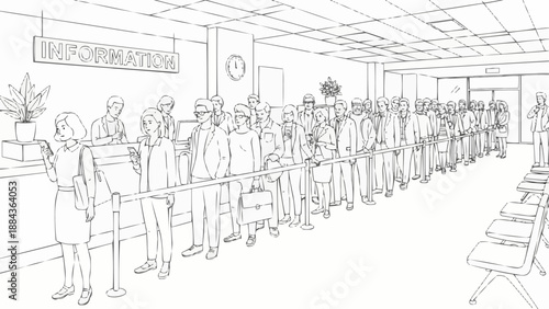 People waiting in line at a bank counter illustration.