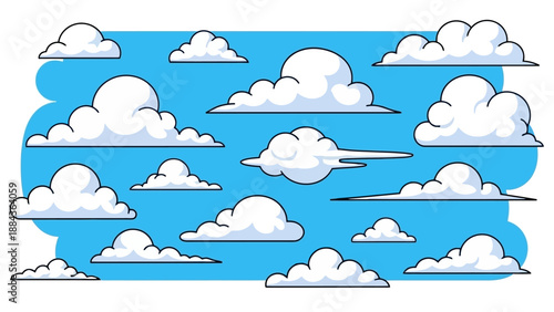 A vibrant illustration of various fluffy white clouds scattered across a bright blue sky.