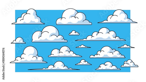A vibrant illustration featuring a collection of fluffy white cartoon clouds scattered across a bright blue sky.