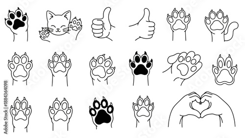 A collection of hand-drawn black and white illustrations featuring various paw prints, cute cat faces, and hand gestures like thumbs-up and heart shapes.