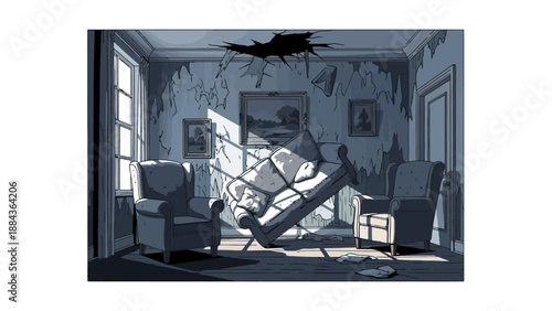 A living room is in disarray with a couch suspended mid-air and a hole in the ceiling.