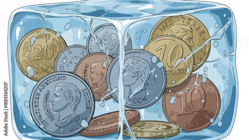 A block of ice encases various coins, symbolizing frozen assets or financial stagnation.