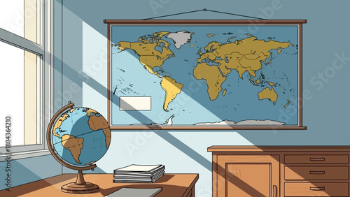 A classroom scene with a world map and globe bathed in sunlight, suggesting a geography lesson.