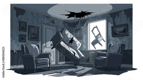 A surreal, unsettling scene of a living room in disarray with a couch floating mid-air and a hole in the ceiling.