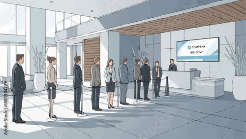 People waiting in line at a modern office reception desk.
