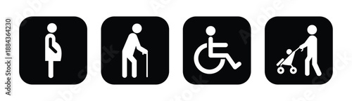 Lift priority sign, label, logo, icon set. Elevator priority sign, priority queues for elderly, men and women with stroller baby, disabled wheelchair, pregnant woman, walking stick.