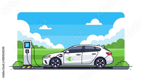 A white electric car is plugged into a charging station in a scenic green landscape under a blue sky with clouds.