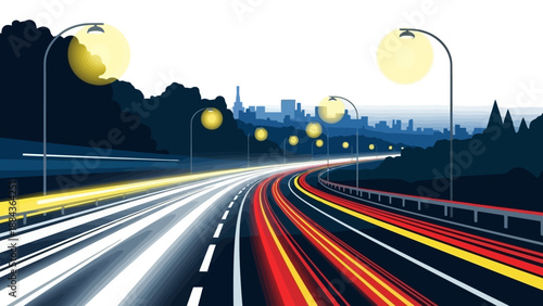 Long exposure photograph of a highway at night with streaks of light from moving vehicles and streetlights illuminating the cityscape in the distance.