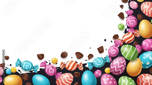 A vibrant assortment of colorful Easter eggs and candies scattered across a dark background with a white space for text.