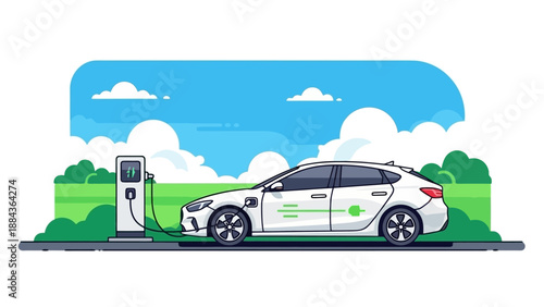 A white electric car is charging at a charging station in a green, natural environment with a blue sky and clouds.