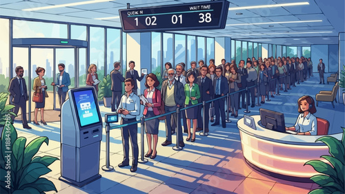 People waiting in line at a modern office reception area.