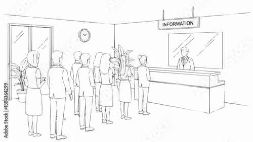 People waiting in line at a reception desk for information.