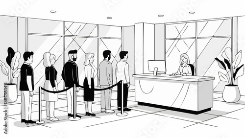 People waiting in line at a reception desk illustration.