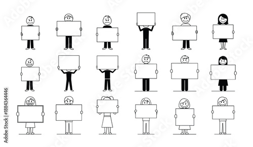 Vector cartoon stick figure drawing conceptual illustration of four people or businesspeople of businessmen and businesswoman holding empty signs. Stick Figures Holding Blank Signs illustration