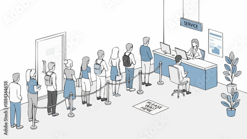 People waiting in line at a service counter illustration.