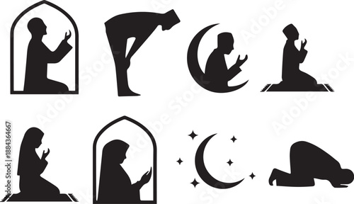 Islamic prayer posture vector set with silhouettes of men and women in Salah, crescent moon, mosque, and Sujood
