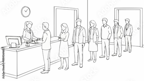 People waiting in line at a service counter with a receptionist.