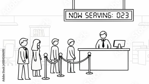 People waiting in line at a service counter with a digital display.