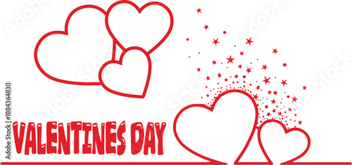 Valentine’s Day vector with red outlined hearts, starburst accents, and bold celebration text on white background