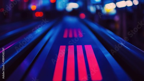 An abstract perspective of a dark hallway with red neon lights, leading towards blurred lights