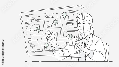 Woman Interacting with a Digital Security Network Interface.