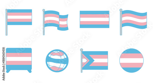 A collection of eight different graphic representations of the transgender pride flag, showcasing various shapes and forms.