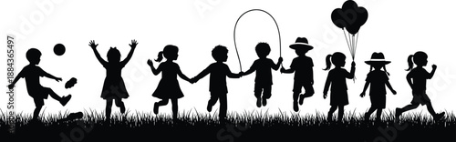 Silhouette of Happy Children Playing Together Outdoors Holding Hands Jumping Rope Balloons Representing Childhood Joy Friendship Freedom and Playful Lifestyle Concept