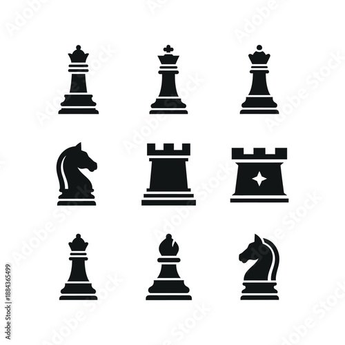 Chess pieces arranged on a board for strategy and game play with various icons.