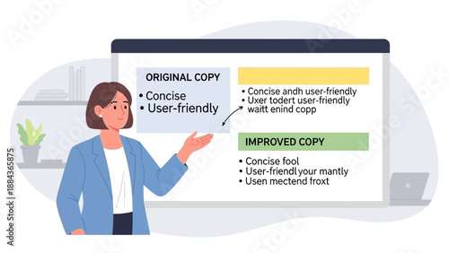 Woman Presenting Original and Improved Copy on a Screen.